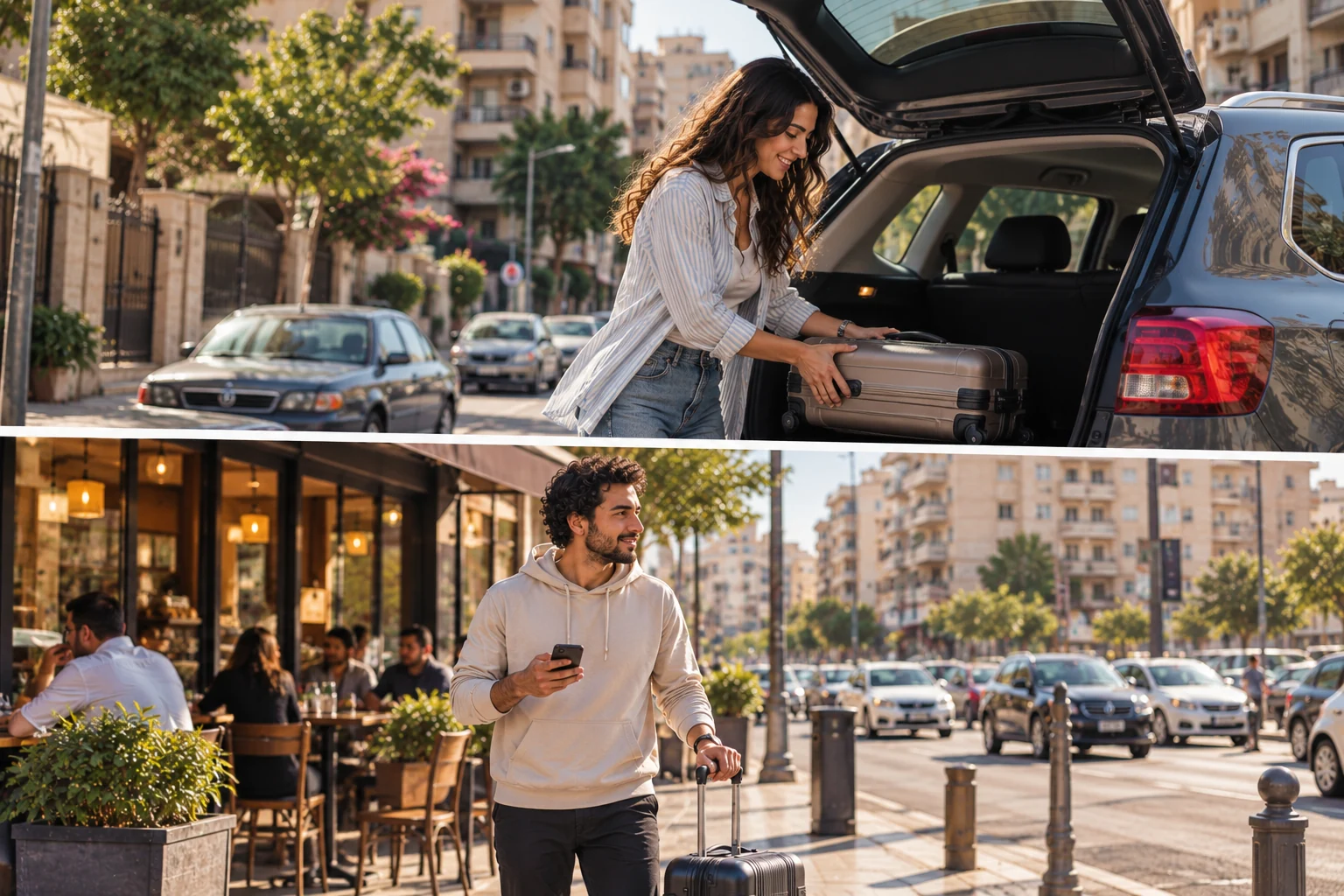 Two travelers with luggage meeting their ride on a city street in Egypt